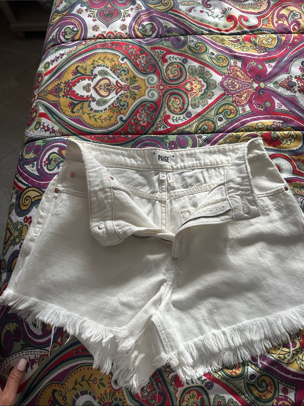 PAIGE White Frayed Hem Denim Cutoff Shorts